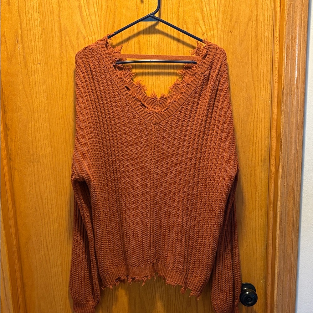 Frayed V-Neck Rust Sweater
